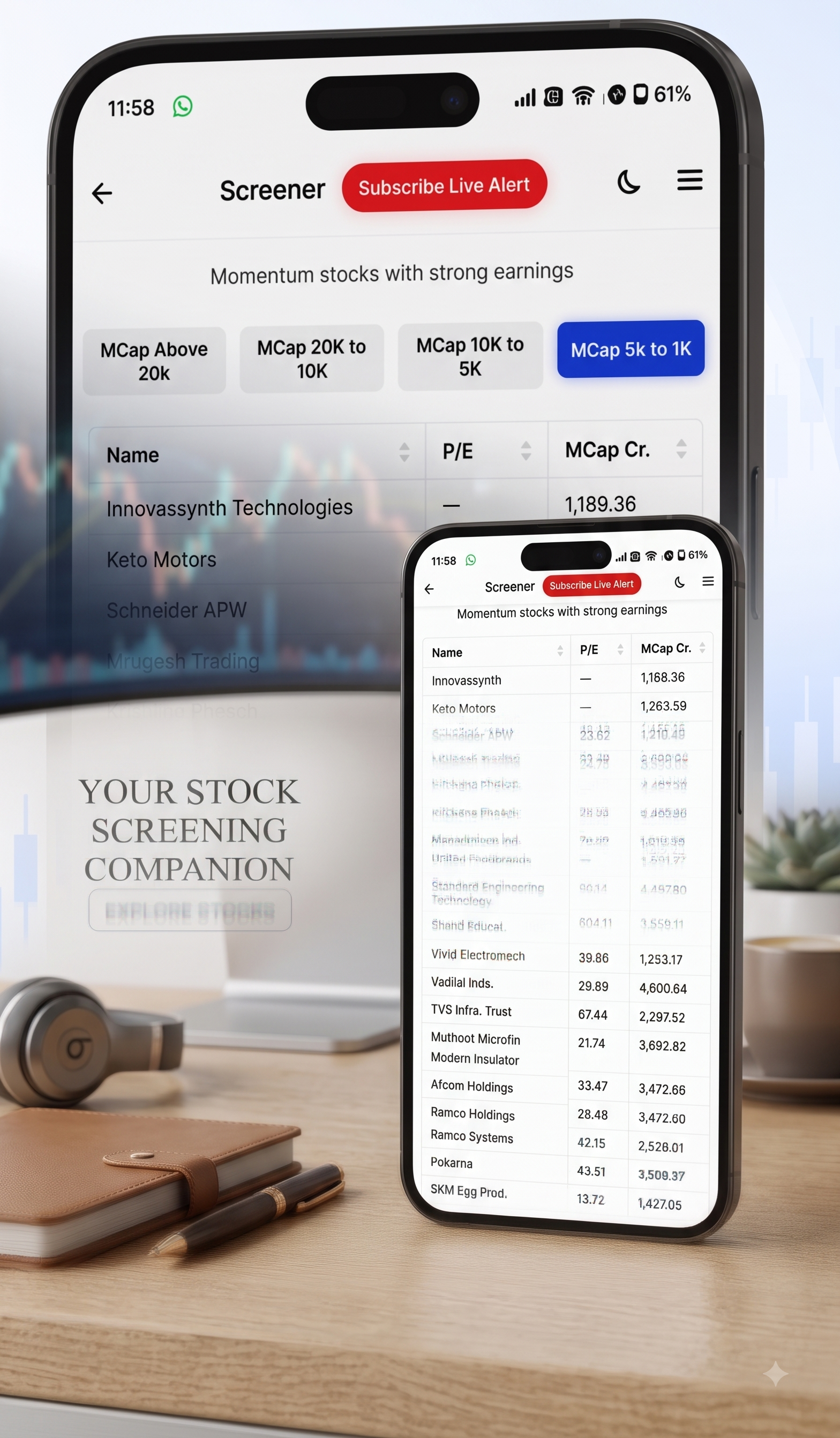 TradeClue Screener app showing momentum stocks with strong earnings