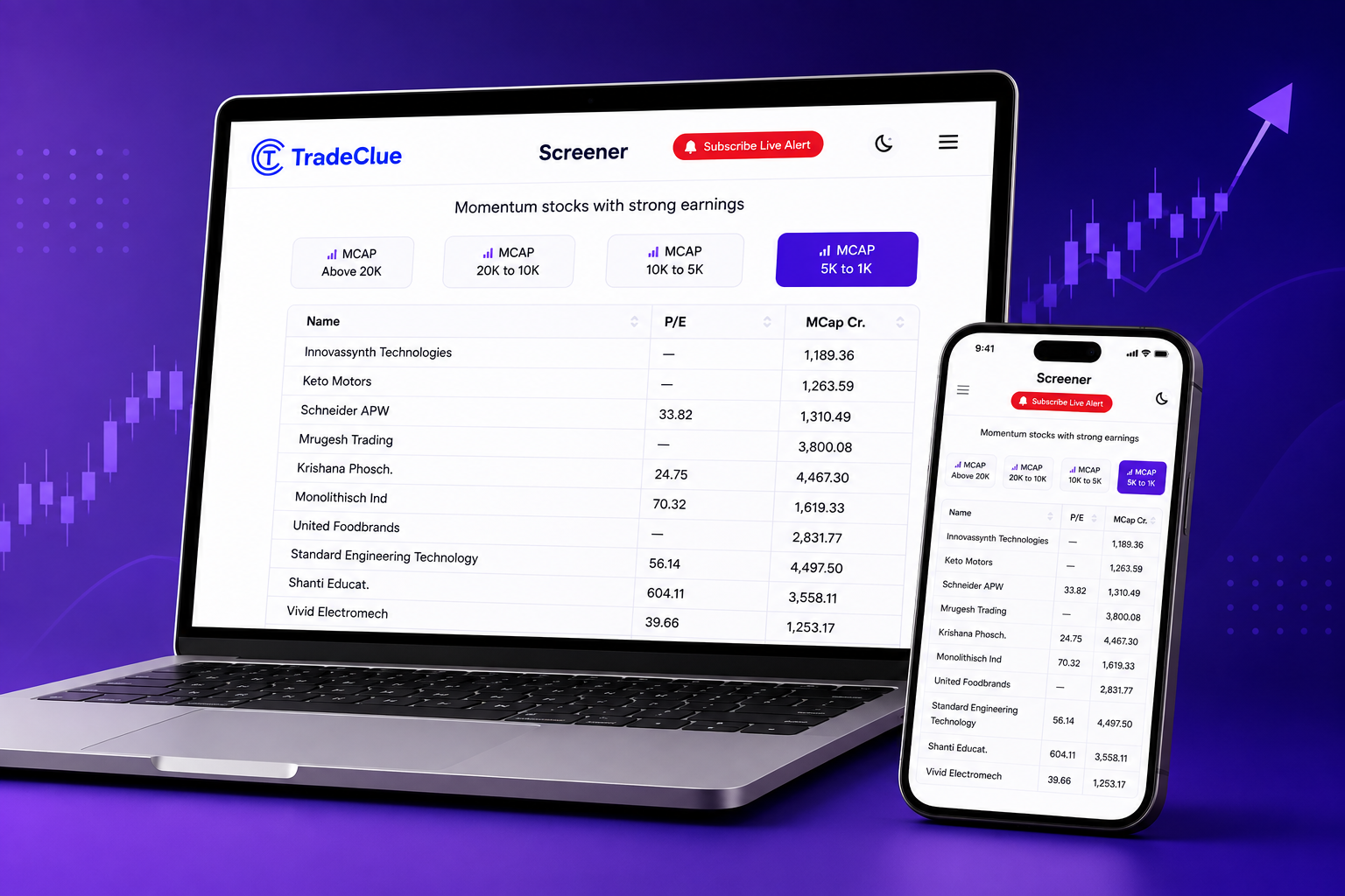 TradeClue Screener app showing momentum stocks with strong earnings